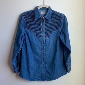 Rhinestone Cowgirl Studded Lattice Denim Chambray Western Shirt